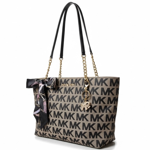 Michael Kors Monogram Tote with Gold Studded Elephant Charm and Scarf - Picture 12 of 12